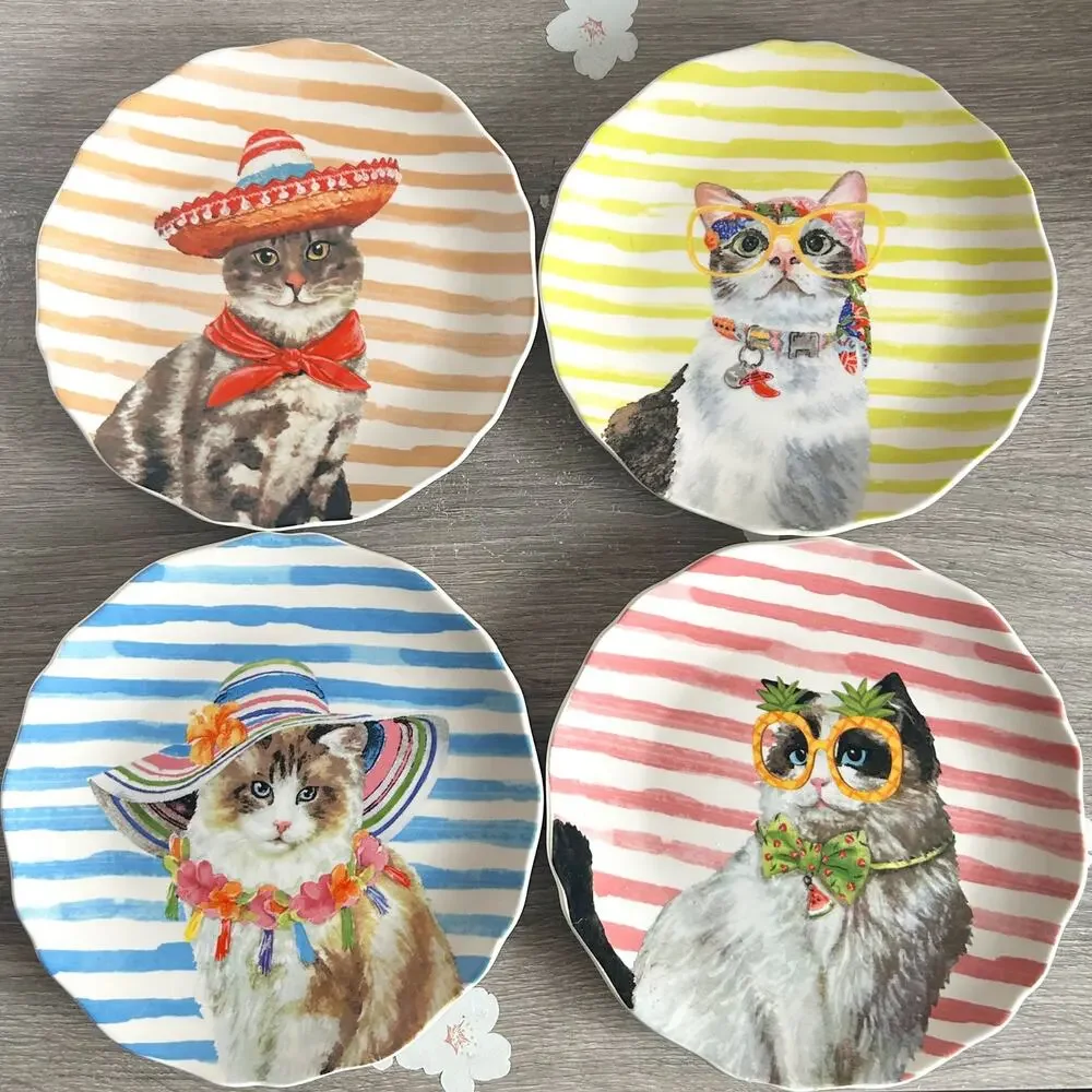 GRACE Fine Ceramic Whimsical Cats 8” Painted Ceramic Plates Set of 4 EUC